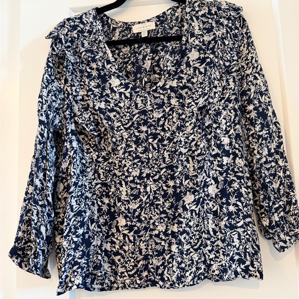 Lucky Brand Navy and White Floral V-Neck Blouse